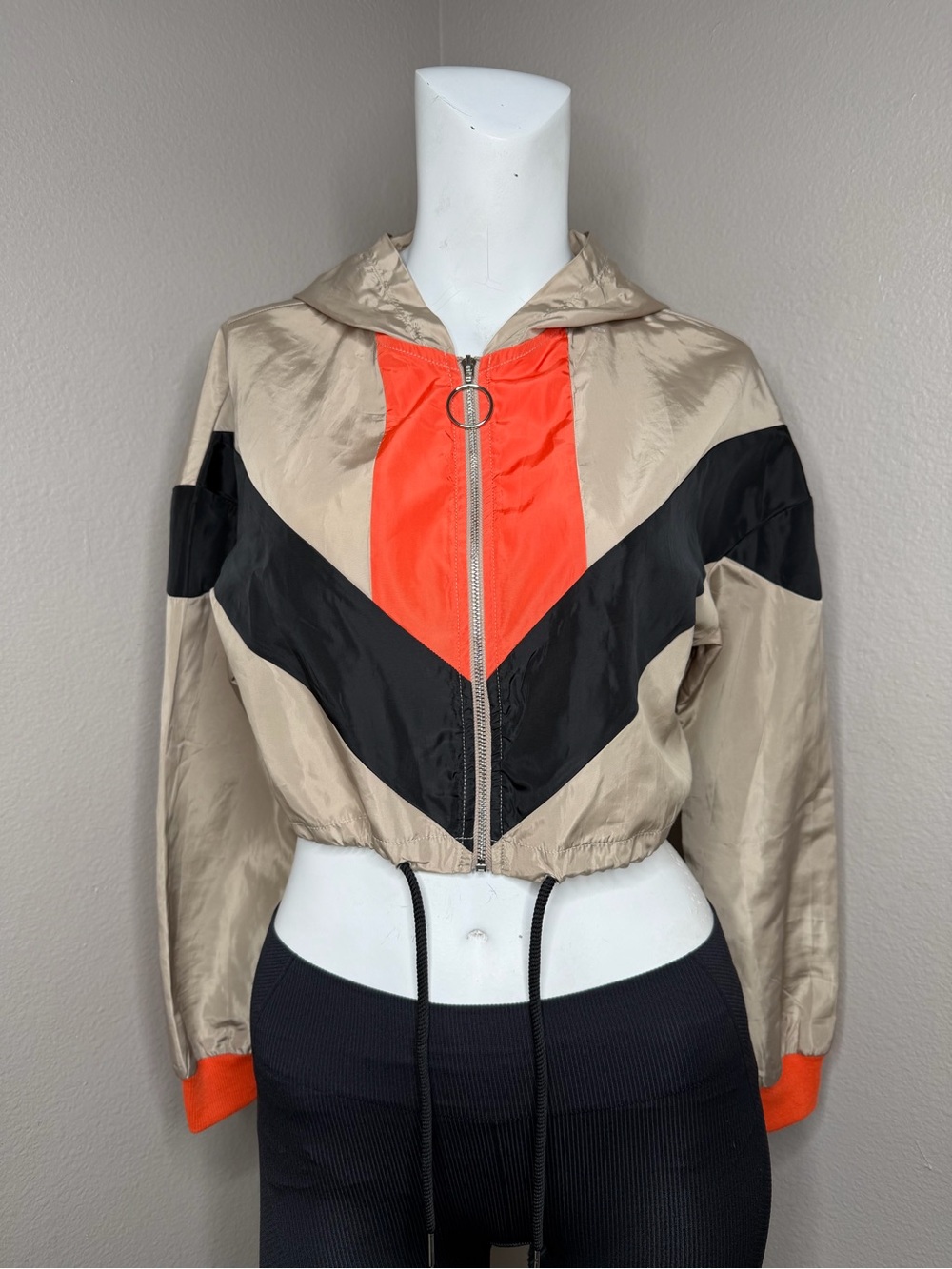 PrettyLittleThing Beige, Orange & Black Colorblock Hooded Crop Bomber Jacket